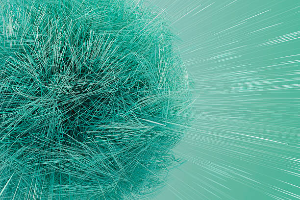3D render of a complex sphere of fibers, representing concepts of connectivity, neural networks, or advanced biotechnology. The dynamic light streaks and motion blur suggest high-speed data transfer and futuristic energy. This versatile background is ideal for technology, science, and telecommunications sectors looking for a modern, digital aesthetic.