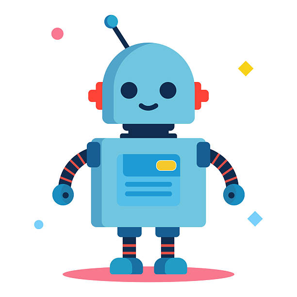 roztomilá modrá robotická postavička s přátelským úsměvem a anténou, izolovaná na bílém pozadí - robota stock ilustrace