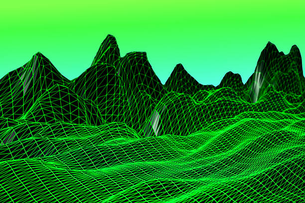 Green abstract wireframe mountain landscape resembling rising graphs and positive market trends. Conceptual illustration of economic growth, recovery, stability and sustainable development. Ideal for finance, investment, business success, green economy and future-oriented concepts.