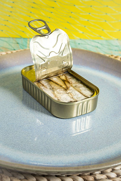 Open sardine can with fish fillets in olive oil on blue plate, ready for a healthy seafood appetizer