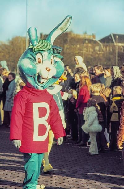 Mascot of the Dutch children’s magazine “Bobo” participating in the annual Sinterklaas arrival parade at Museumplein in Amsterdam, early 1970s. The parade included commercial and promotional characters. Scanned from original slide. Circa 1971, Museumplein, Amsterdam, The Netherlands.