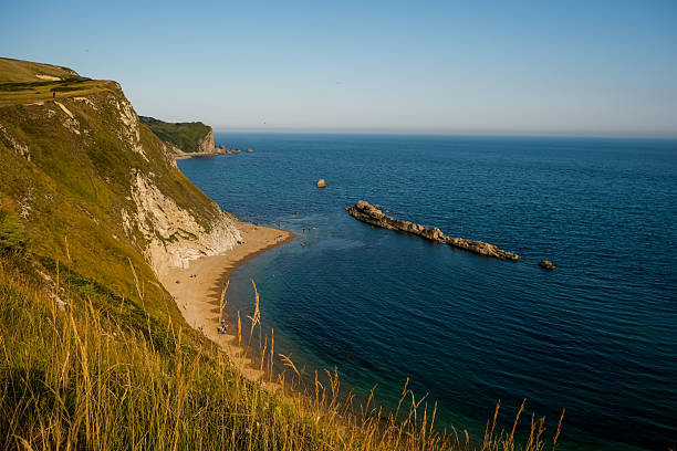 Man O'War Beach on Jurassic Coast, Dorset, England, UK. Scenic bay surrounded by Jurassic Coast rocks. Sunny summer days. beautiful landscape and seascape view. English Channel sea view. Cliffs, rocks.