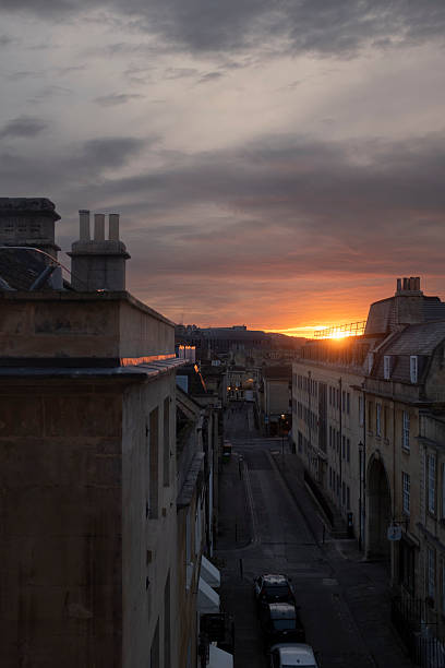 Orange sunset from a rooftop on a urban scene on a cloudy sky in Bristol, England
