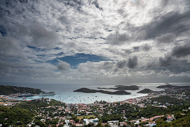 Spectacular view of harbor and Carribean Ocean from a hilltop in the town of Charlotte Amalie in St Thomas, part of the US Virgin Islands.
