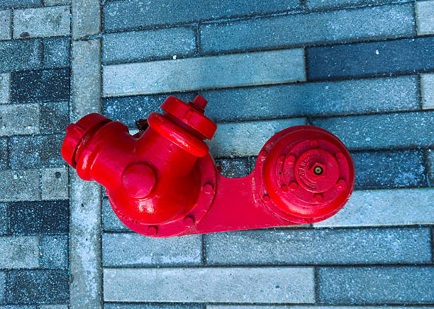 A red fire hydrant is seen close to the ground on a sidewalk. The surrounding area has gray and blue bricks laid out in a neat pattern. The scene is bright from the afternoon sunlight.