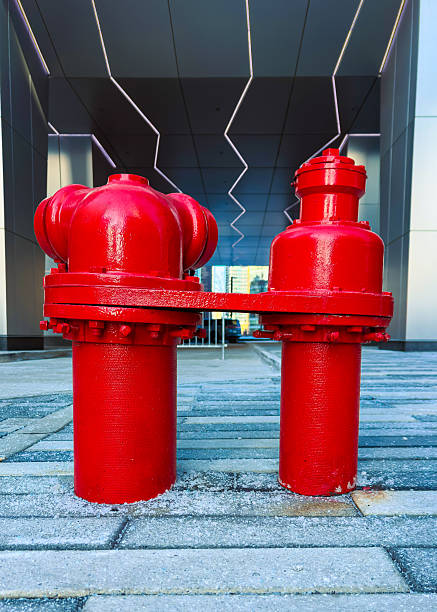 Two red fire hydrants are positioned on the ground outside a large building. The hydrants are painted bright red. The backdrop shows the structure of the building and clear sky.