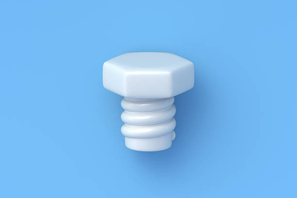Construction bolt on blue background. Mechanical supplies. Industrial screw. Top view. 3d render