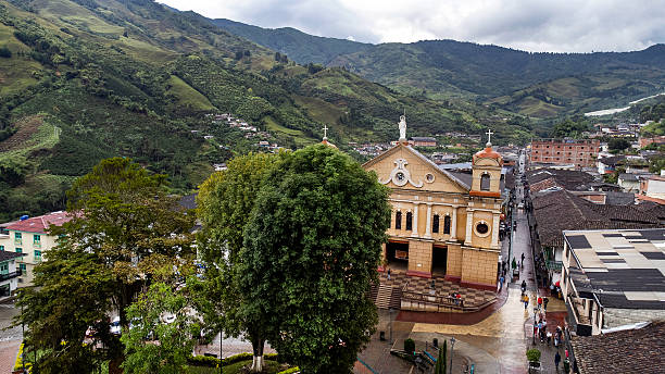 Pacora, Caldas - Colombia. October 5, 2025. Panoramic drone view of the town's main church.