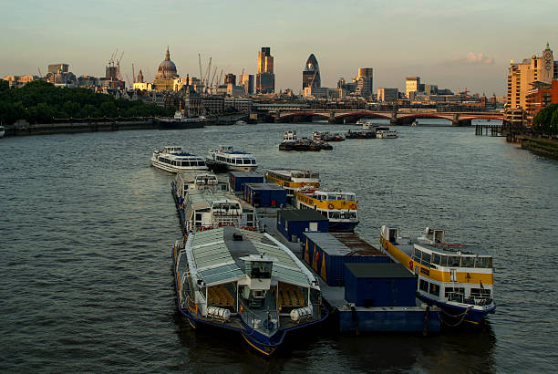 London cityscape showcasing the river thames with numerous tour boats, st paul's cathedral, and modern skyscrapers including the gherkin, all bathed in the warm light of a late afternoon