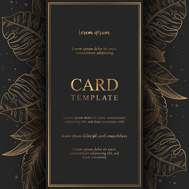 Vector floral elegant card with hand drawn gold tropical leaves isolated on black background. Botanical design template for wedding invitation, brochure, card, cover