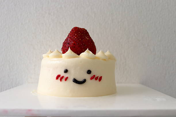 Sweet dessert cake slice, frosted with white cream and chocolate drizzle, decorated with a whimsical duck face Served on a white plate over a woven placemat