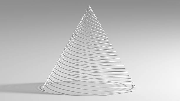 A minimalist white spirals structure of curved bands creates a rhythmic geometric cone composition, evoking modern architecture, motion and elegance with soft shadows. 3d rendering illustration