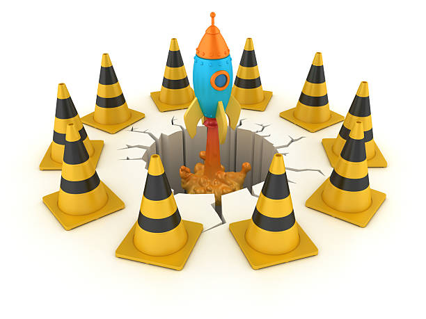 Circle of Traffic Cones and Crack Hole with Rocket - White Background - 3D Rendering