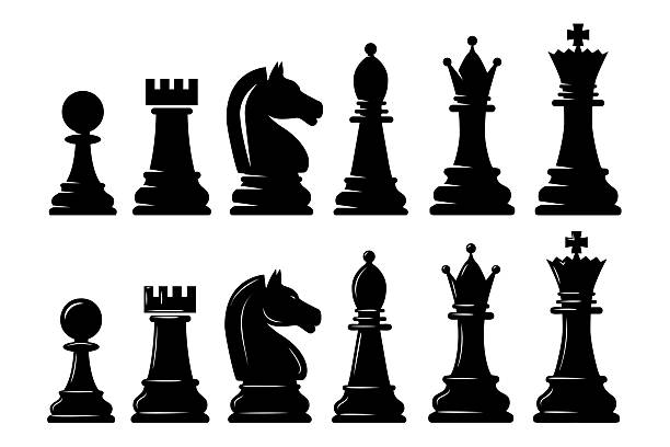 A black and white vector set of chess pieces including king, queen, bishop, knight, rook, and pawn. These clean silhouettes are perfect for gaming and strategy emblems.
