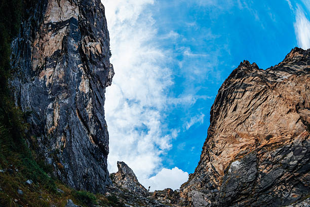 Steep cliff rocks leading to a high mountain top landscape