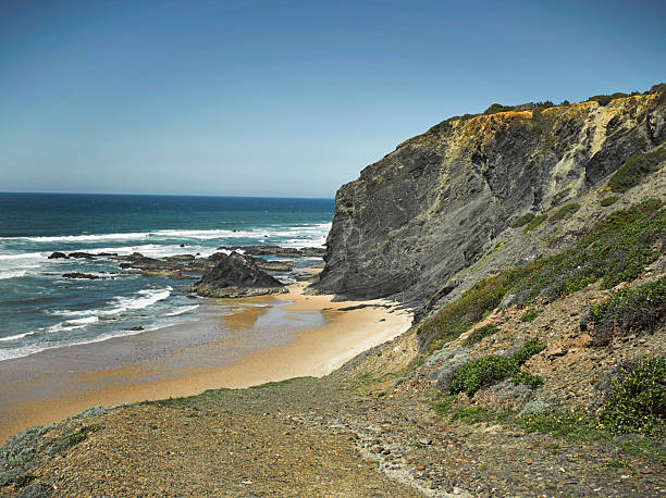 A view of a coastline featuring a rocky cliff next to a sandy beach. Waves crash gently against the shore. The sun shines in a clear sky. Small plants grow near the cliff.