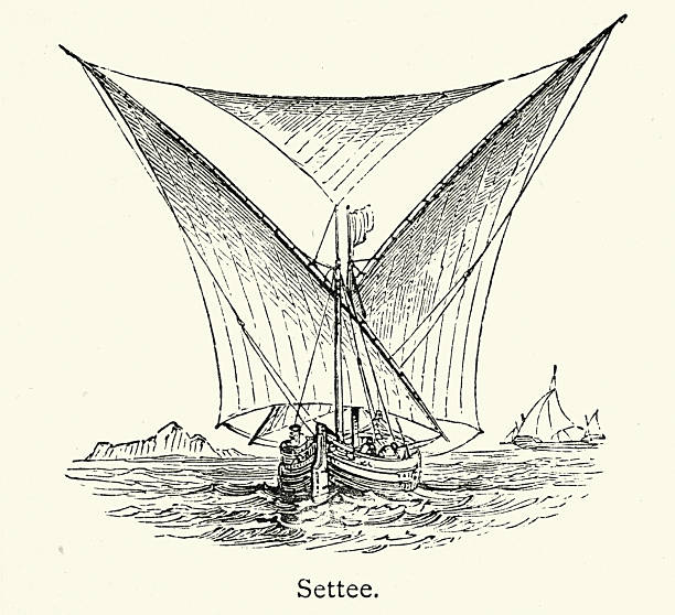 Maritime, history, Boat using a Settee sail, a lateen sail with the front corner cut off, giving it a quadrilateral shape, Victorian, Vintage illustration, 19th Century