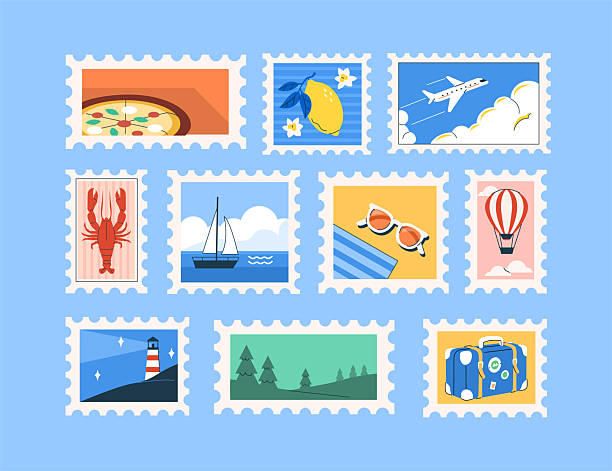 Travel postage stamp vector collection with summer vacation scenes. Hot air balloon, airplane, vintage tourism elements for postcard, prints, greeting cards.