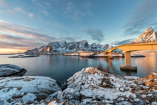 Hamnoy bridge spanning fjord with snow-capped mountains and dramatic sky at sunset