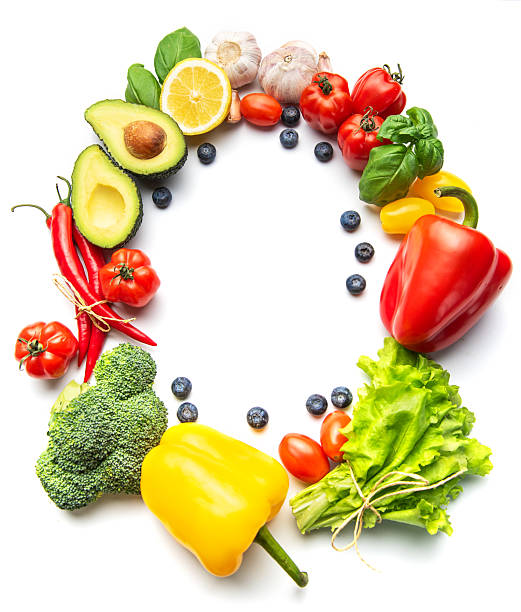Healthy organic food ingredients forming a circle frame