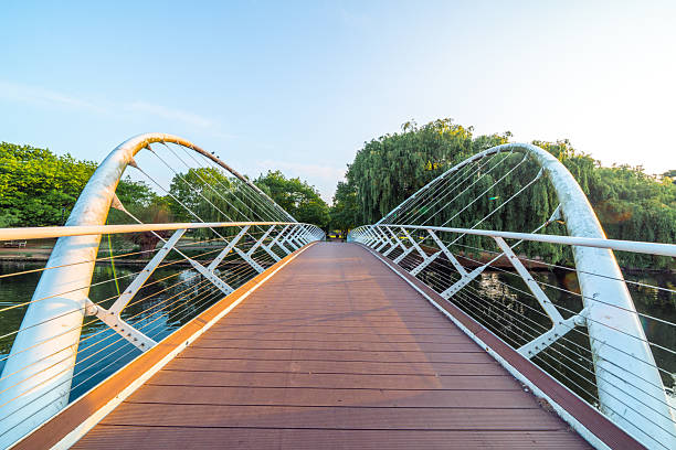 The butterfly bridge, a modern pedestrian bridge, gracefully arches over the river great ouse in bedford, england, connecting two sides of the embankment