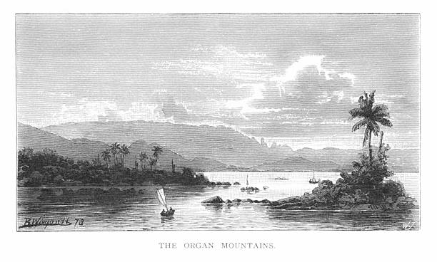 Guanabara bay and Organ mountain, Atlantic Ocean coastline at  Rio de Janeiro, Brazil, South America. Engraving published 1879. Original edition is in my own archives. Copyright has expired and is in Public Domain.