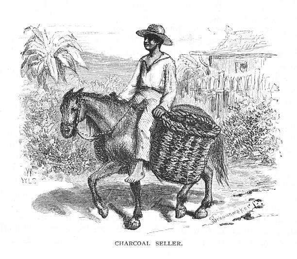 A male street vender sells charcoal in Rio de Janeiro, Brazil, South America. Engraving published 1879. Original edition is in my own archives. Copyright has expired and is in Public Domain.