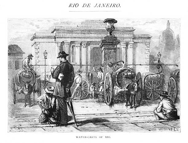 Water c arts in Rio de Janeiro, Brazil, South America. Engraving published 1879. Original edition is in my own archives. Copyright has expired and is in Public Domain.