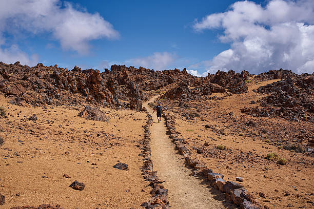 A male hiker with a backpack walks along a rocky volcanic trail on the arid Teide plateau at Minas de San José, Tenerife, surrounded by reddish lava rocks and sparse scrubland under a deep blue sky