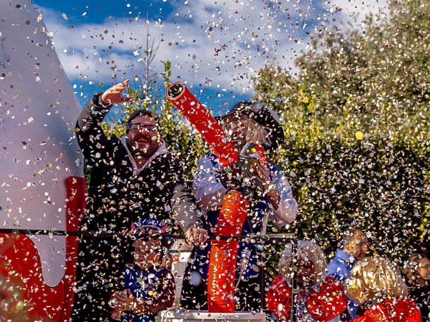 Montecastrilli, Terni, Umbria, Italy - February 15, 2026:Carnival is celebrated in Montecastrilli.A small Umbrian town, Carnival involves the entire town and the surrounding villages of Casteltodino, Castel dell'Aquila, Farnetta, Quadrelli, and Collesecco. Every year, they return to brighten the streets with their floats and groups of people dressed in themed costumes.At the end, the best mask and group will be drawn.A Carnival without barriers, everyone out in the streets having fun,Hand-drawn floats, and a great desire to have fun.