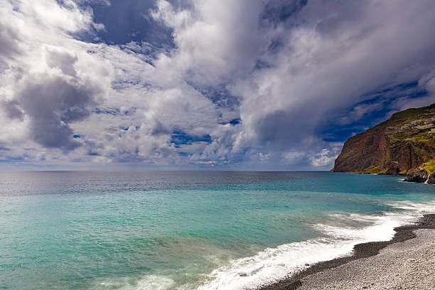 Azure water of the Atlantic Ocean under a cloudy sky, Madeira Island, Portugal, nature background or travel wallpaper