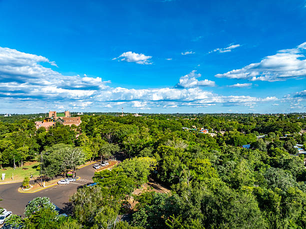 Hito Tres Fronteras - Argentina,Brazil and Paraguay, Intersection of the Paraná and Iguazú rivers.Aerial view of Three Borders Landmark Bridge from Argentina.