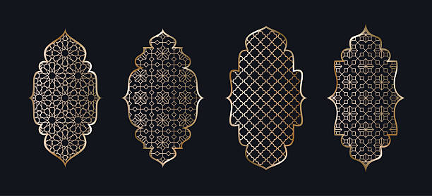 Elegant set of golden islamic ornamental frames with geometric arabic pattern on dark background. Luxury decorative vector elements inspired by moroccan and middle eastern design.