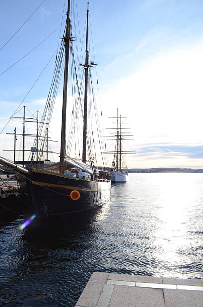 Uma vista ensolarada e vibrante do porto de Oslo, Noruega, apresentando veleiros tradicionais de madeira atracados no cais. O reflexo intenso do sol na água cria uma atmosfera náutica nostálgica, perfeita para temas de viagem, herança marítima e turismo escandinavo. / A sunny and vibrant view of Oslo harbor, Norway, featuring traditional wooden sailing ships docked at the pier. The intense sun reflection on the water creates a nostalgic nautical atmosphere, perfect for travel, maritime heritage, and Scandinavian tourism themes.