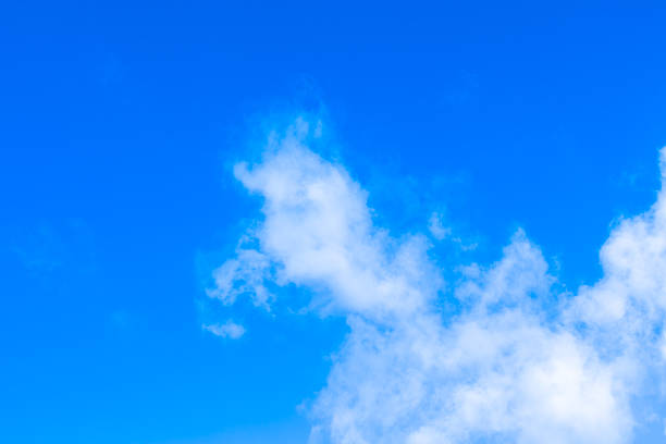 A vast expanse of bright blue sky is dotted with wispy white clouds, creating a serene and airy atmosphere