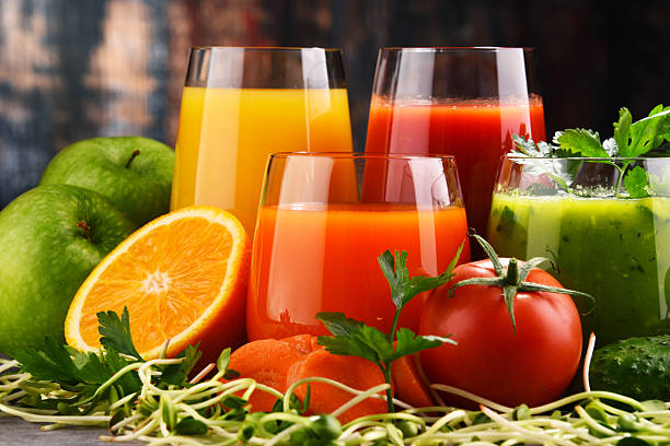 Glasses with fresh organic vegetable and fruit juices. Detox diet