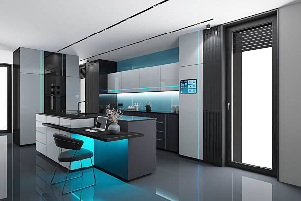istock Futuristic Black and White high-tech kitchen interior with Blue Accents and LED stripes 2262375489