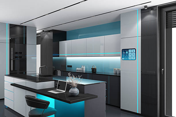 istock Futuristic Black and White high-tech kitchen interior with Blue Accents and LED stripes 2262375563