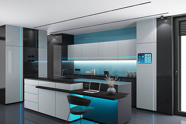 istock Futuristic Black and White high-tech kitchen interior with Blue Accents and LED stripes 2262375568