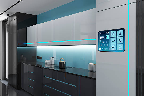 istock Futuristic Black and White high-tech kitchen interior with Blue Accents and LED stripes 2262375856