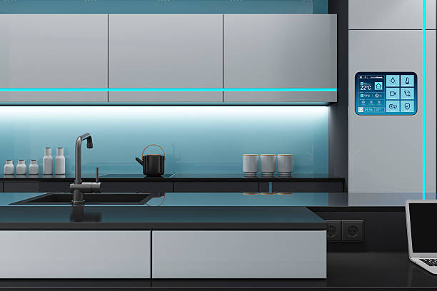 istock Futuristic Black and White high-tech kitchen interior with Blue Accents and LED stripes 2262375857