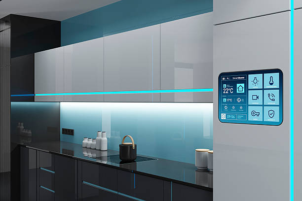 istock Futuristic Black and White high-tech kitchen interior with Blue Accents and LED stripes 2262375882