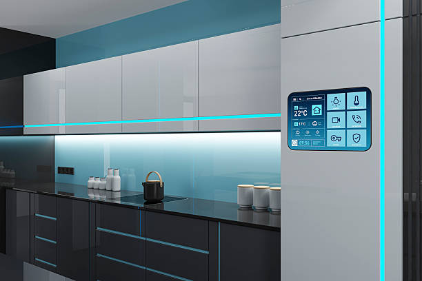 istock Futuristic Black and White high-tech kitchen interior with Blue Accents and LED stripes 2262375885