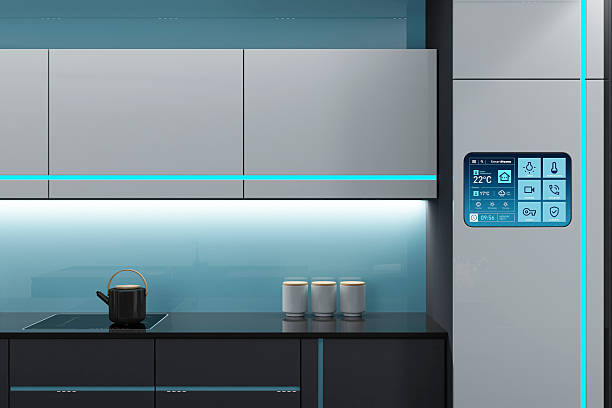 istock Futuristic Black and White high-tech kitchen interior with Blue Accents and LED stripes 2262375889