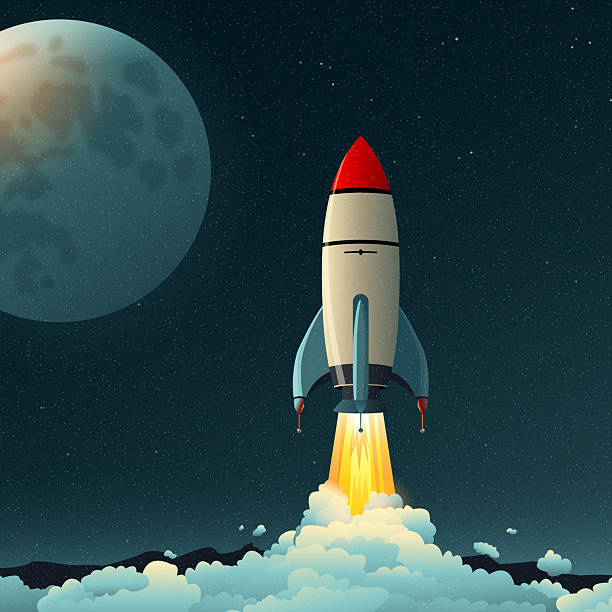 Flat vector illustration of a rocket launching into space with bright flames and smoke trail, set against a starry night sky with a visible moon, symbolizing startup growth, innovation, ambition, exploration, and success. Designed with editable layers and global colors for easy customization and scalable design projects.
