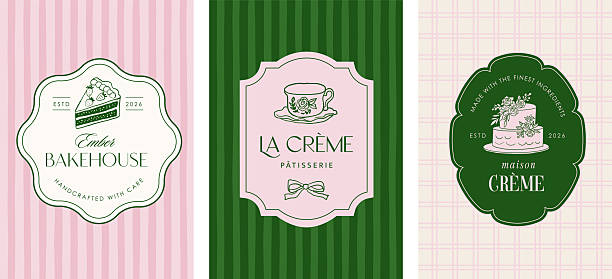 Retro patisserie and bakery label set. Vintage illustrations of pastry, cakes and sweets for cafe logos and branding. Vector illustrations and concept design