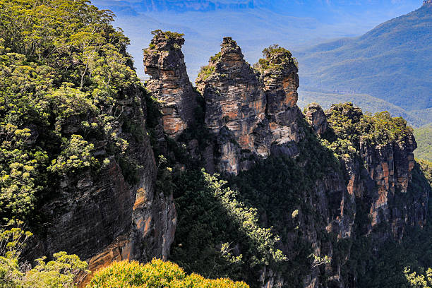 Scenic view from Echo Point in the Blue Mountains overlooking Jamison Valley with forested landscape, sandstone cliffs, and the iconic Three Sisters rock formation.