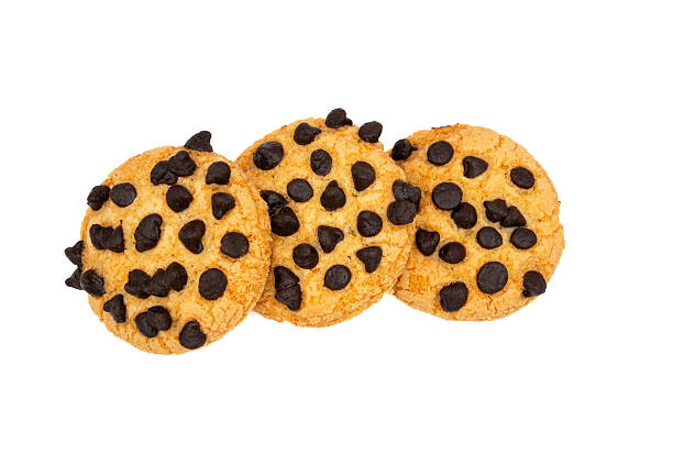 Three classic chocolate chip cookies arranged in a row on a white background, a delightful sweet treat.