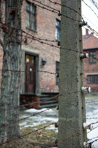 February 15, 2026, Poland. Barbed wire on concrete posts with ceramic insulators creating a barrier at the historic Auschwitz-Birkenau state museum memorial in Owicim, Poland, preserving a haunting memory of the Holocaust