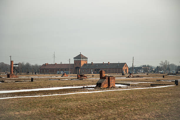 February 15, 2026, Poland. Auschwitz-Birkenau concentration camp main gate building with the watchtower stands under a muted sky, overlooking the foundations of former barracks and the solemn grounds in Poland
